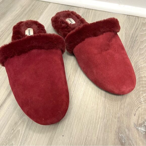 Birdies Slippers Women’s 7.5 The Songbird Merlot Ruby Red Suede & Fur Mule - Picture 2 of 6
